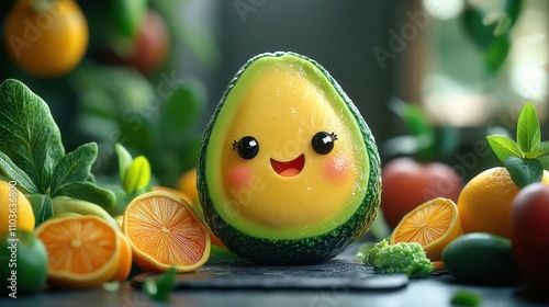 Logo design showcasing a playful avocado character with a big smile, surrounded by colorful fruit slices and vibrant greenery. The cute style and bright colors create a fun atmosphere, enhanced 