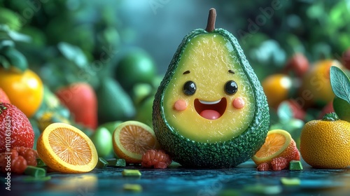 Logo design showcasing a playful avocado character with a big smile, surrounded by colorful fruit slices and vibrant greenery. The cute style and bright colors create a fun atmosphere, enhanced 