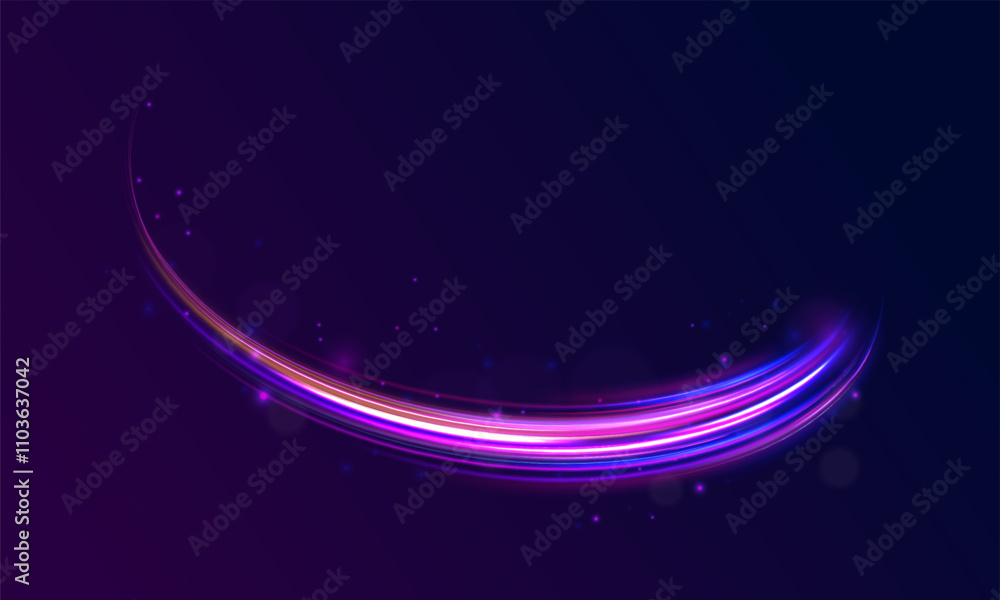 Obraz premium Shiny sparks of spiral wave. Png shine round frame with light circles light effect. Semicircular wave, light trail curve swirl, incandescent optical fiber vector, png, effect, wave,neon,line. 