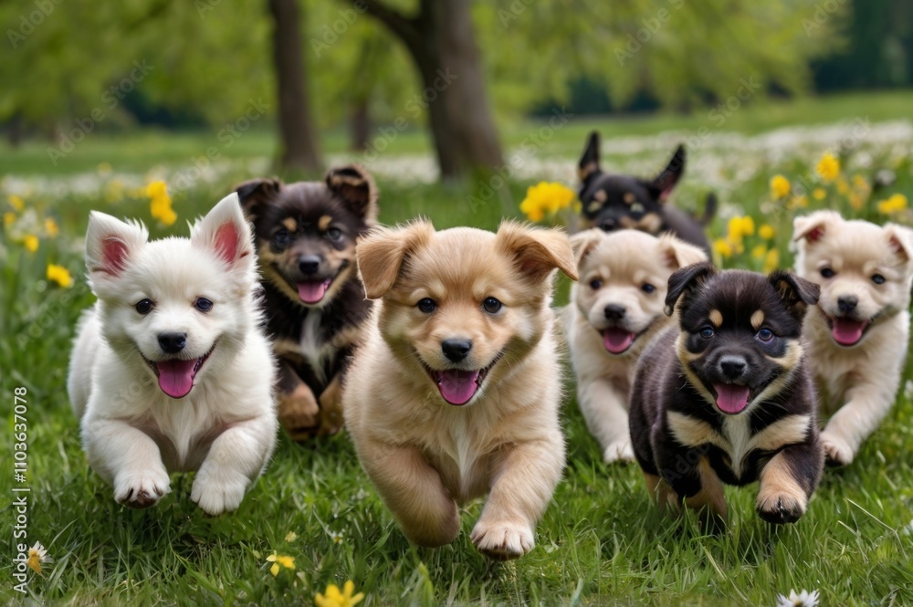 many colorful puppies running on green grass, trees in background, looking towards camera many colorful puppies running on green grass, trees in background, looking towards camera