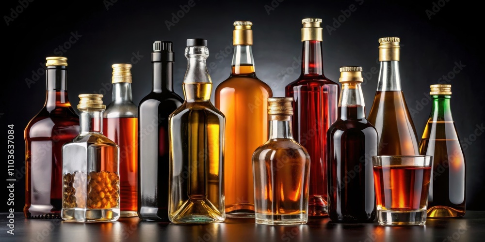 Various miniature bottles of alcohol without labels on black background, Miniature, bottles, alcohol, no label Various miniature bottles of alcohol without labels on black background, Miniature, bottles, alcohol, no label