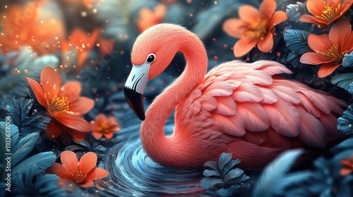 Logo design showcasing a playful flamingo character with a cheerful smile, surrounded by colorful tropical elements and cheerful waves. The cute style and bright colors create an engaging atmosphere, 