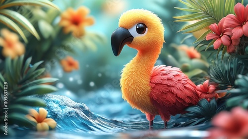 Logo design showcasing a playful flamingo character with a cheerful smile, surrounded by colorful tropical elements and cheerful waves. The cute style and bright colors create an engaging atmosphere, 