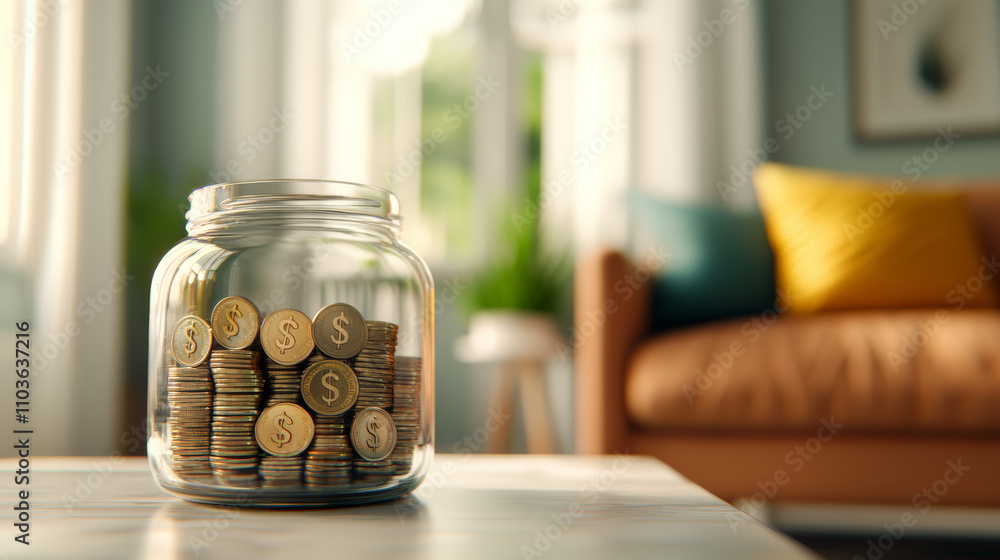 A glass jar filled with coins sits on a table, surrounded by a cozy living room with a sofa and bright decor.