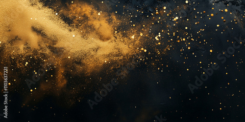 Golden dust and sand on the black background, scattered gold dust on one corner, sand effect with glitters and sequins and copy space. Wallpaper and banner.	