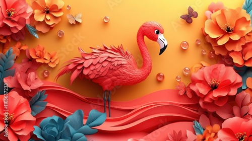 Logo design showcasing a playful flamingo character with a cheerful smile, surrounded by colorful tropical elements and cheerful waves. The cute style and bright colors create an engaging atmosphere, 