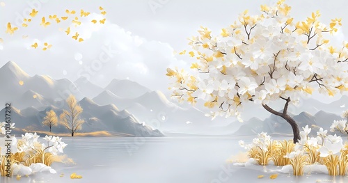 3D luxury wallpaper with a golden tree, white and yellow flowers on a gray background, gold leaf texture, watercolor,