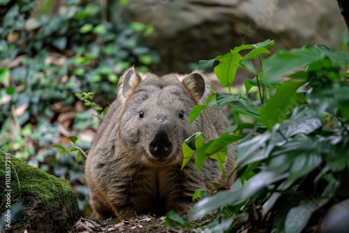 Captivating portrait of a northern hairy nosed wombat surrounded by lush foliage