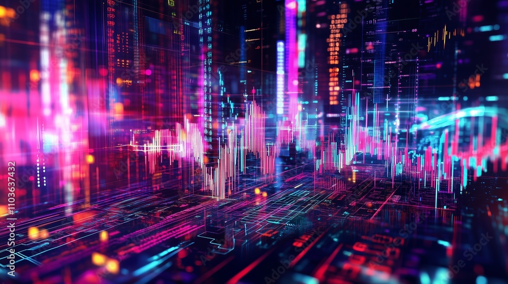 A dynamic graph shows stock prices over vibrant circuits, blending finance and technology. A dynamic graph shows stock prices over vibrant circuits, blending finance and technology.