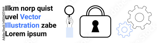 Hand holding magnifying glass, large padlock, gears. Ideal for cybersecurity, privacy protection, tech support, mechanical processes, data security system diagnostics and website design. Landing