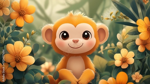 Logo design showcasing a playful monkey character with a cheeky smile, surrounded by colorful jungle elements and playful vines. The cute style and bright colors create an engaging atmosphere, 