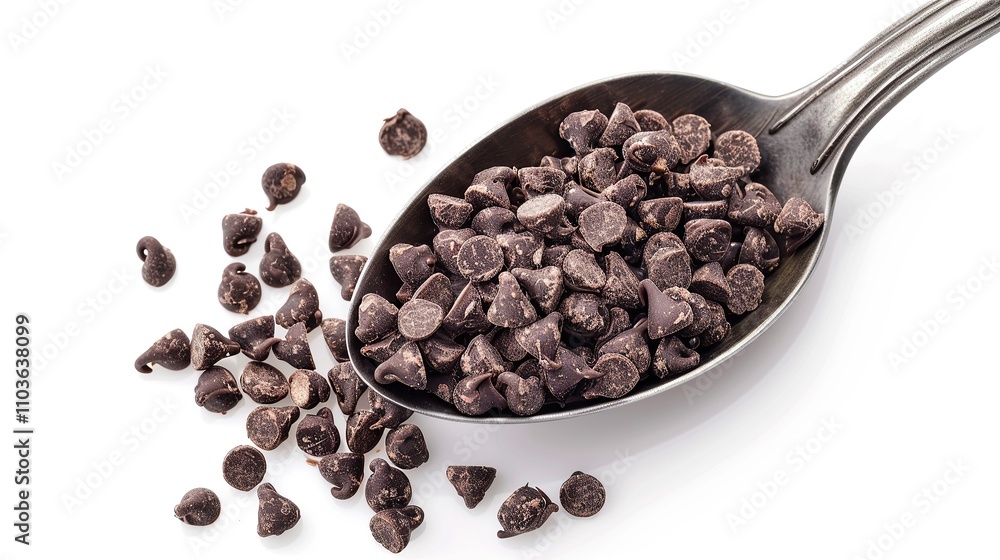 Pile of dark chocolate chips on spoon and scattered chocolate chips isolated on white background. delicious and nutritious chocolate Pile of dark chocolate chips on spoon and scattered chocolate chips isolated on white background. delicious and nutritious chocolate