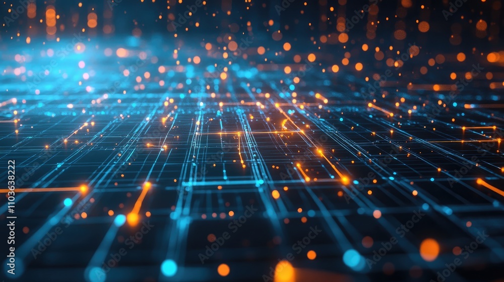 Fototapeta premium A digital world map with glowing node connections over a grid background; minimalist design, sci-fi aesthetic, bright cyan highlights