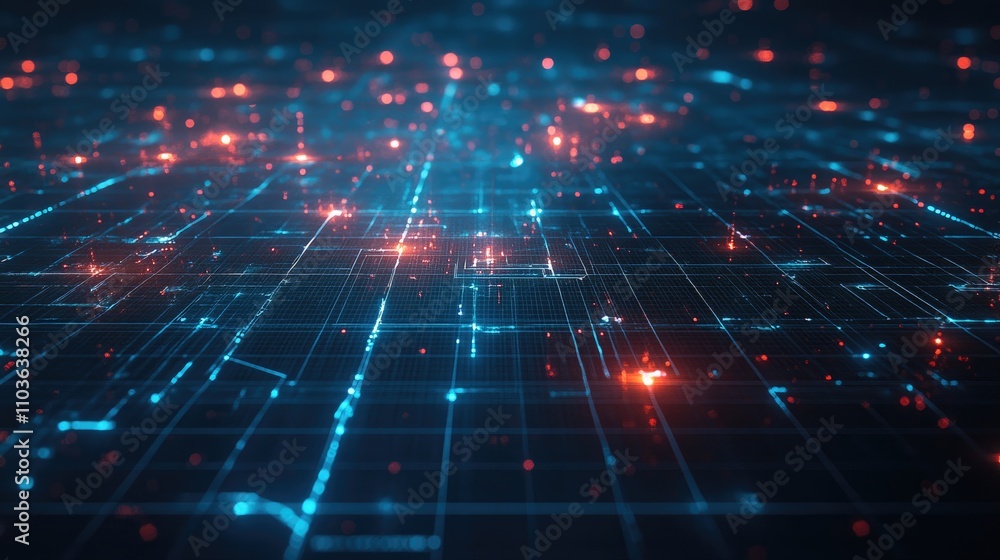 Obraz premium A digital world map with glowing node connections over a grid background; minimalist design, sci-fi aesthetic, bright cyan highlights