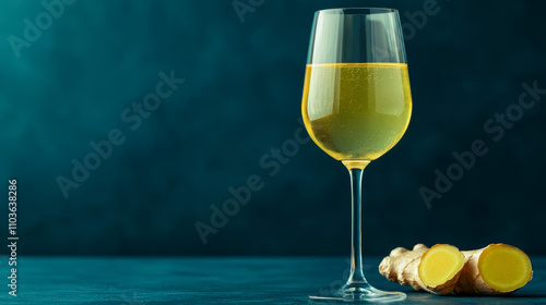 A refreshing glass of yellow beverage sits on a dark surface, accompanied by ginger root, suggesting a healthy, natural drink. photo