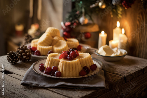 A humble village Christmas dessert of fruit preserves and honey cakes, served on an old wooden table with a side of freshly churned butter