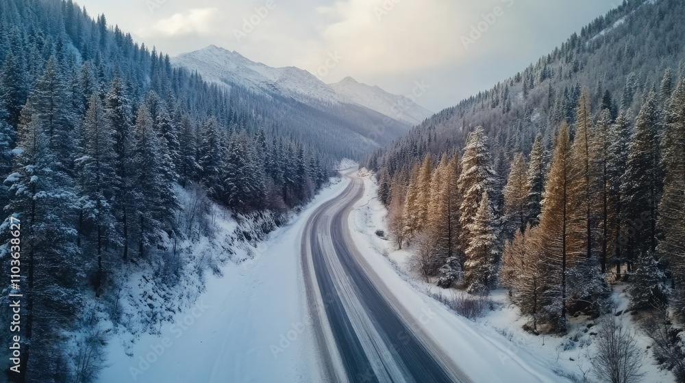 A snow-covered road winding through a forested mountain landscape.
A snow-covered road winding through a forested mountain landscape.
