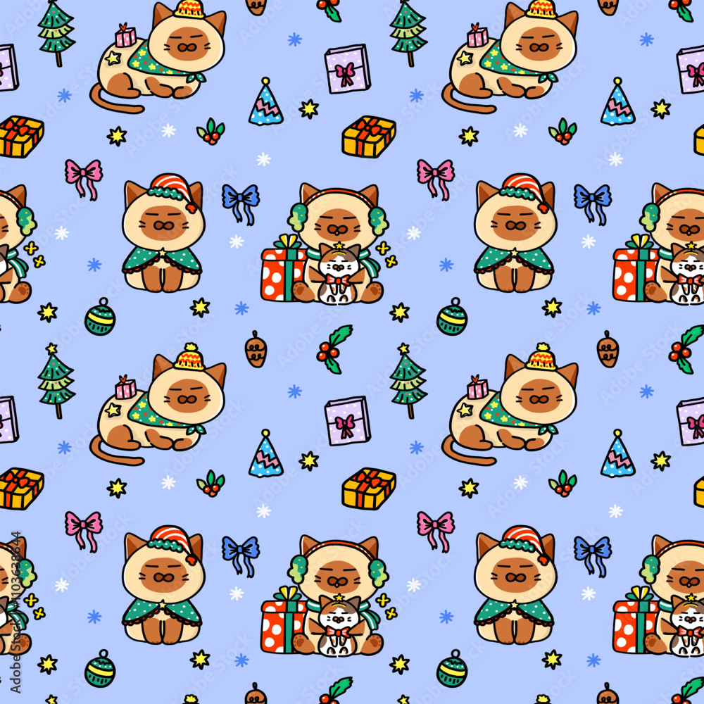 Obraz premium Christmas cute siamese seamless pattern cartoon character on blue background