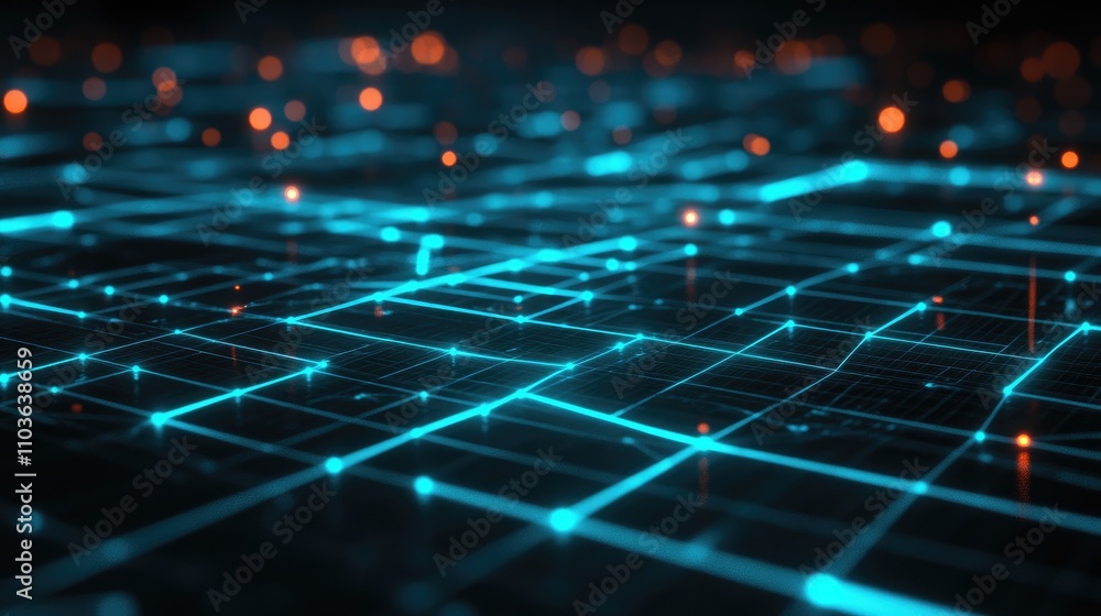 Obraz premium A digital world map with glowing node connections over a grid background; minimalist design, sci-fi aesthetic, bright cyan highlights