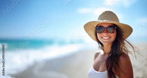 Portrait of a smiling young brunette woman wearing straw hat and sunglasses at the beach.