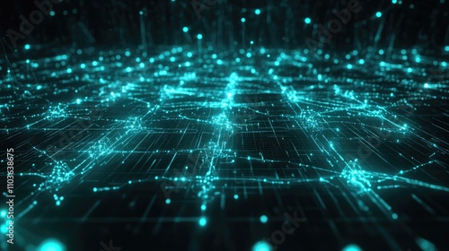 A digital world map with glowing node connections over a grid background; minimalist design, sci-fi aesthetic, bright cyan highlights