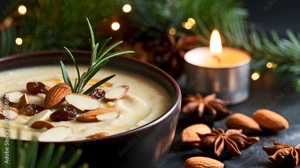 Warm bowl of festive almond soup with nuts and herbs beside a flickering candle on a cozy table setting Warm bowl of festive almond soup with nuts and herbs beside a flickering candle on a cozy table setting