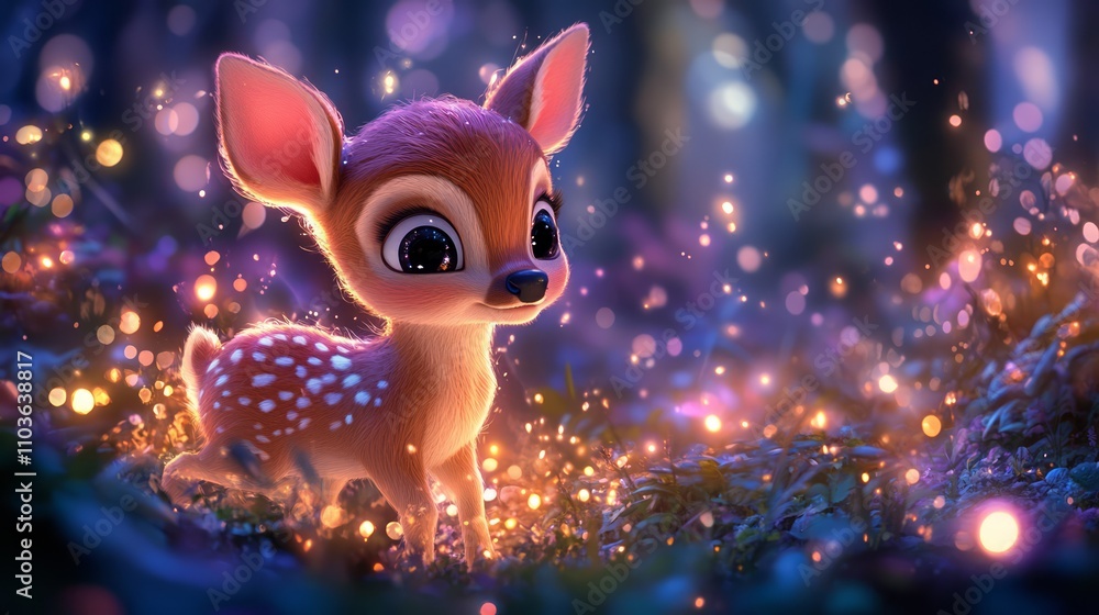 Adorable fawn amidst glowing flora in a mystical forest. Adorable fawn amidst glowing flora in a mystical forest.