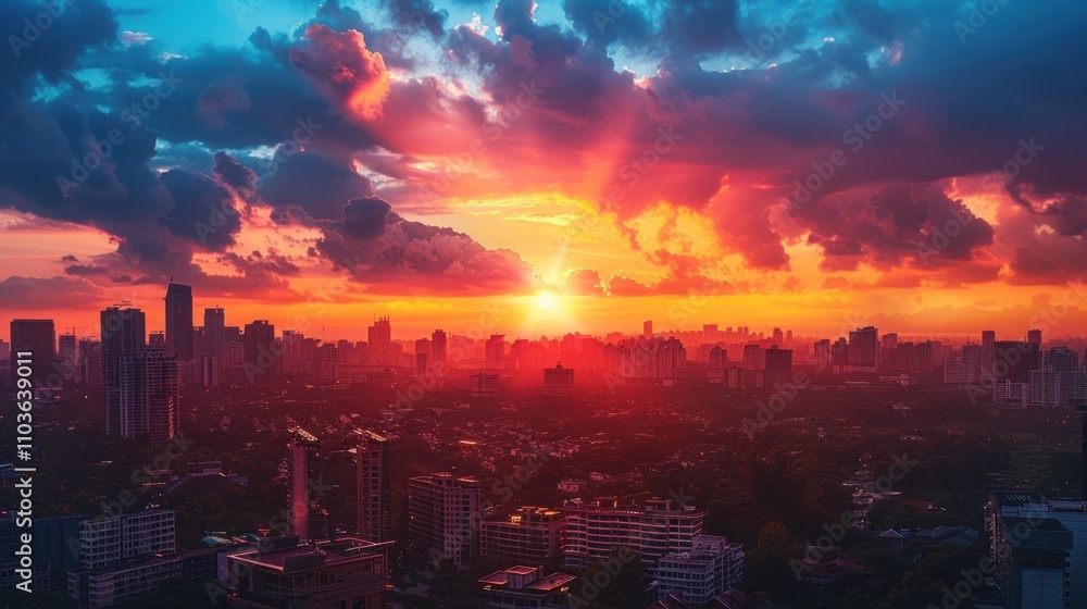 A vibrant sunset casts colorful hues over a city skyline, highlighting urban beauty. A vibrant sunset casts colorful hues over a city skyline, highlighting urban beauty.