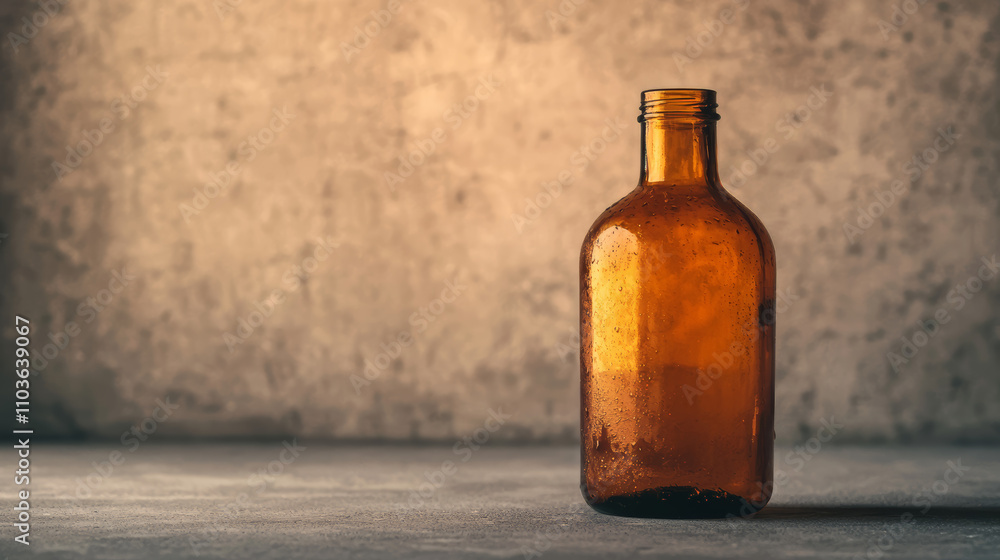 A solitary amber glass bottle sits on a textured surface, exuding vintage charm against a neutral backdrop. A solitary amber glass bottle sits on a textured surface, exuding vintage charm against a neutral backdrop.
