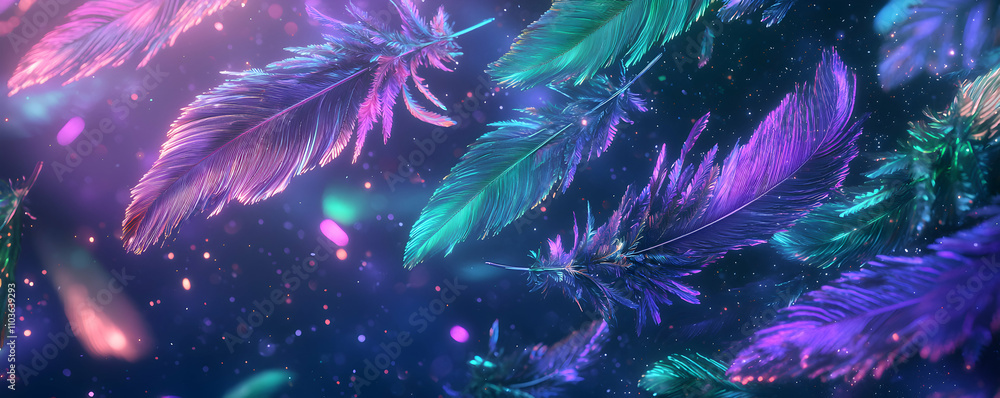 Fototapeta premium Neon Feathers Float In A Dark Space