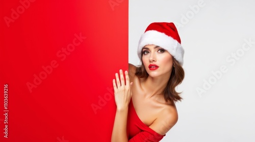 Festive Elegance: Woman in Santa Hat Peeking Behind a Red Panel