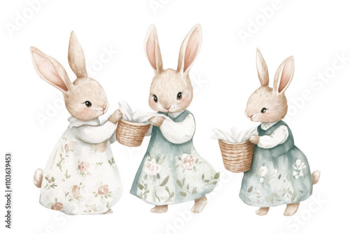 Watercolor Bunnies in Floral Dresses Holding Baskets Isolated on Transparent Background, Cute Easter Illustration photo