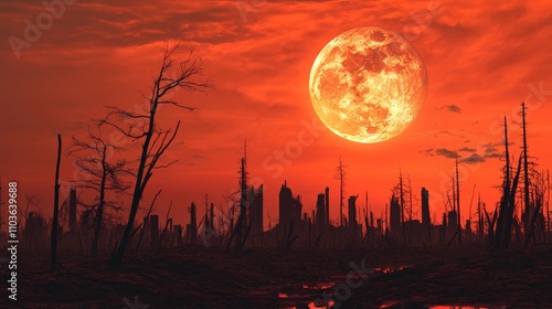 Dramatic dystopian landscape at sunset featuring silhouetted ruins and barren trees under a large glowing moon in a red-hued sky. photo