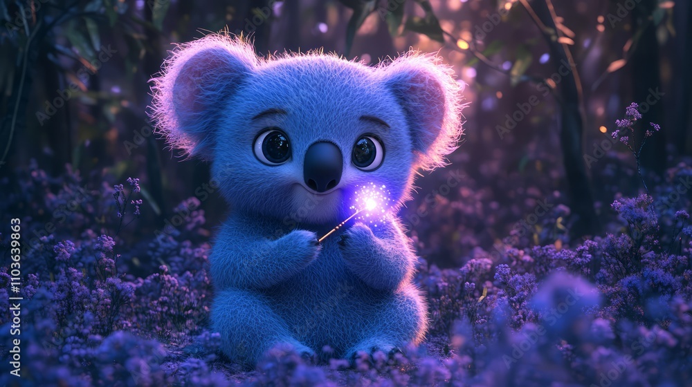 Adorable koala cub holding a glowing sparkler amidst purple flowers in a twilight forest. Adorable koala cub holding a glowing sparkler amidst purple flowers in a twilight forest.