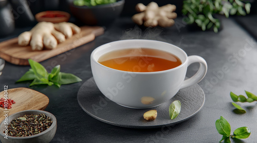 A steaming cup of herbal tea surrounded by fresh ingredients like ginger, spices, and green leaves, creating a serene and inviting atmosphere.