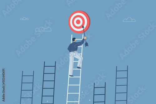 Businessman climb the stairs holding arrow towards target, Ladder to success, Inspiration and ambition to achieve success, Different creative idea concepts, Flat vector design illustration.