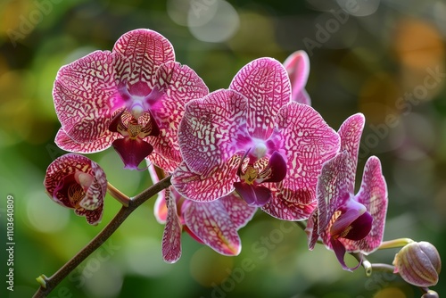 Beautiful pink and white orchids blooming on a branch photo