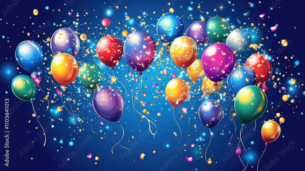 A colorful collection of vibrant balloons floating against a rich blue background, perfect for celebrating birthdays, parties, and special events. A colorful collection of vibrant balloons floating against a rich blue background, perfect for celebrating birthdays, parties, and special events.