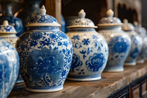 Blue and white porcelain jars sitting on rustic wooden shelf photo