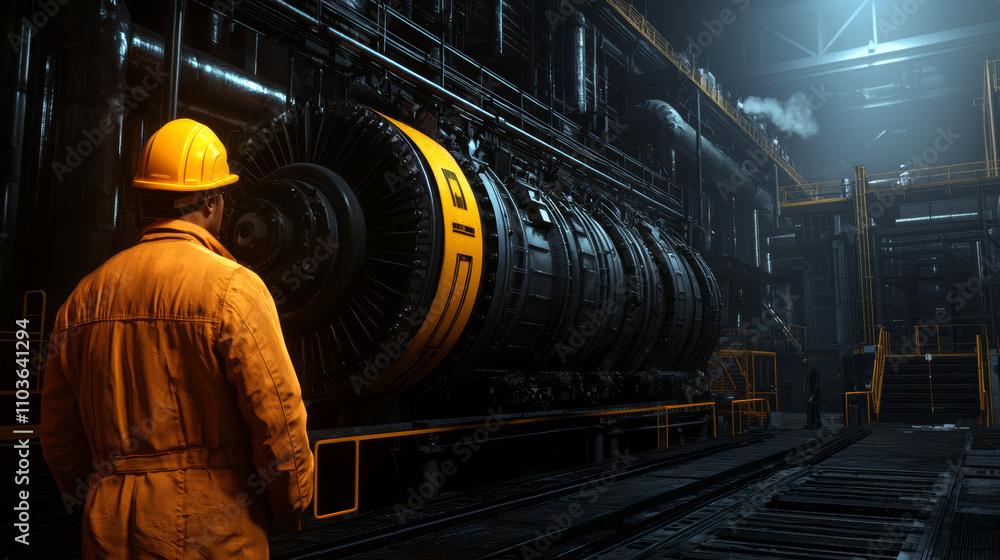 A worker in safety gear stands before a large industrial machine in a dimly lit factory, showcasing a blend of technology and labor. A worker in safety gear stands before a large industrial machine in a dimly lit factory, showcasing a blend of technology and labor.