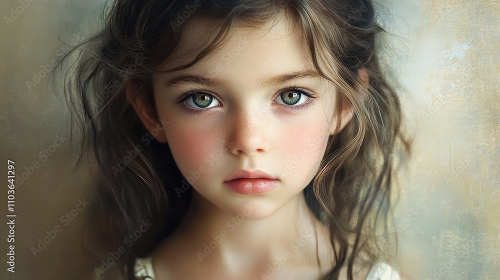 Portrait of a young girl with expressive green eyes and tousled hair, conveying a poignant sadness against a softly blurred background. Portrait of a young girl with expressive green eyes and tousled hair, conveying a poignant sadness against a softly blurred background.