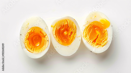 Sliced soft-boiled eggs against a white background. photo