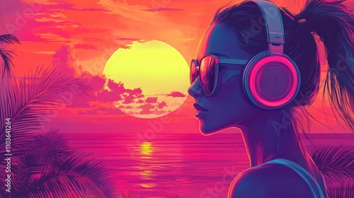 Wallpaper Mural Stylish girl wearing oversized headphones and chic sunglasses gazes at a vibrant sunset over the beach, capturing the essence of summer's end. Torontodigital.ca