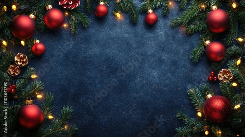 Christmas border with lush fir branches, vibrant red ornaments, and warm golden lights on a textured dark blue background