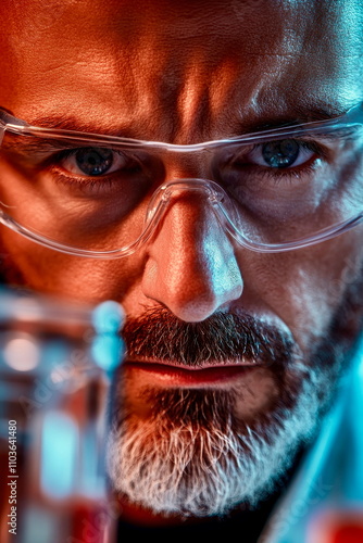 Close-up of a scientistâ€™s face as they analyze biofabricated materials in lab, focused expression photo