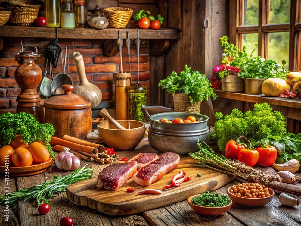 Fototapeta premium Homemade Pastry Spread: Capturing the Art of Crafting Traditional Domowy Pasztet with Fresh Ingredients and Rustic Charm in a Cozy Kitchen Setting