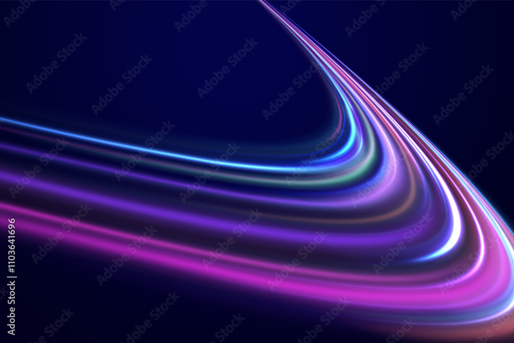 High-speed light trails effect. Futuristic dynamic motion technology. Png, neon, line, blur, beam, ray, abstract, energy. Neon color glowing lines background, Glowing wave swirl, impulse cable lines. 