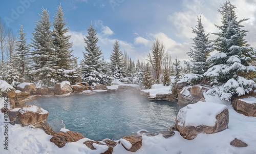 The hot spring pool is located in the snowy forest, surrounded by pine trees covered with snow and rocks. The blue sky contrasts sharply with the white clouds,  photo