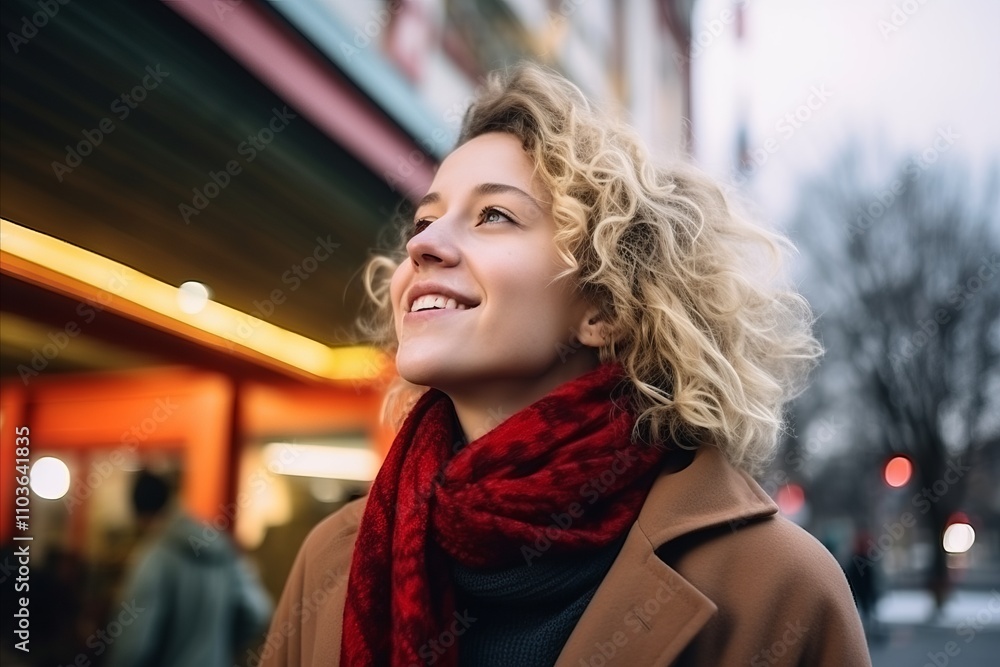 Portrait of a beautiful young woman with curly blond hair in the city Portrait of a beautiful young woman with curly blond hair in the city