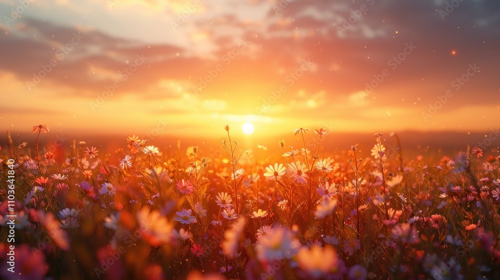 A vibrant field of flowers illuminated by a sunset, creating a serene and picturesque scene. A vibrant field of flowers illuminated by a sunset, creating a serene and picturesque scene.